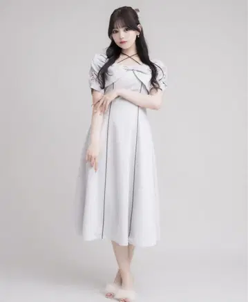 pium 피움 프론트 리본 플레어 롱 원피스 블루 그레이