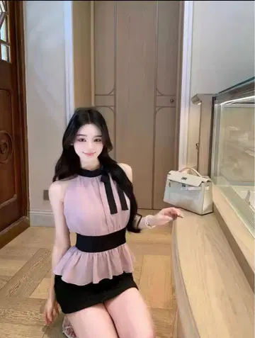 슬리브리스 페플럼 블라우스 핑크 블랙