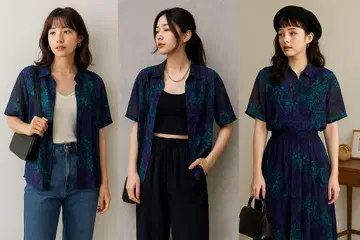 꽃무늬 시어 셔츠 올 패턴 보라 파랑 그린 한국 스타일 빈티지 상의
