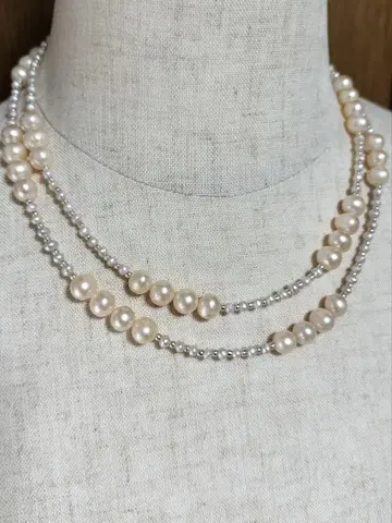 담수 펄 롱 목걸이, 77cm, 전체 길이 85cm