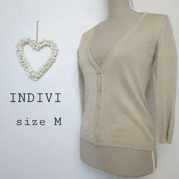 [컨디션 최상] INDIVI V넥 라메 7부 소매 골드 가디건 M