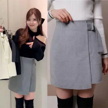 립 서비스 랩스커트풍 사다리꼴 스커트 그레이 두꺼운 원단 미니 기장