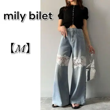 mily bilet 꽃무늬 레이스 레이스 절개 와이드 데님 팬츠 M