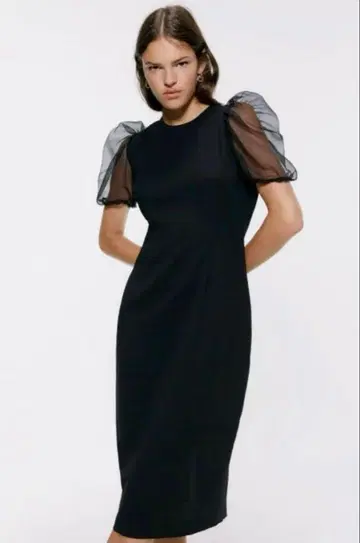 ZARA 오간자 슬리브 원피스 블랙 S