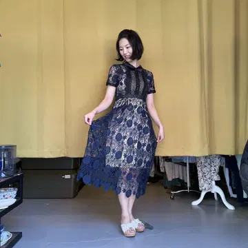 @ 레이스 꽃무늬 원피스 셔츠 롱 반팔 드레스 데이트 경조사 네이비