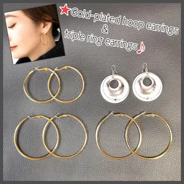 럭셔리 금도금 후프 귀걸이 3개 & 카와이 트리플 링 귀걸이