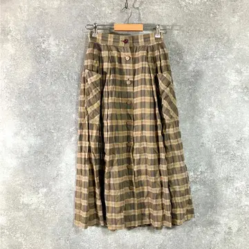 ungaro 플레어 스커트 롱 기장 브라운 체크 버튼 개더