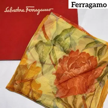 Ferragamo 스카프 대형 쉬폰 꽃 실크 오렌지