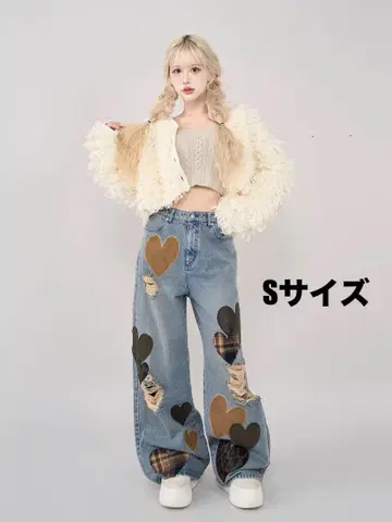 Darich 랜덤 하트 패치워크 데님 팬츠