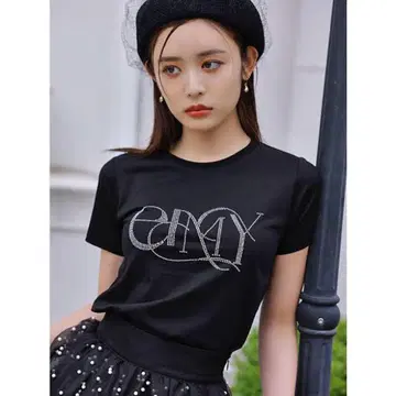 eimyistore 스톤 장식 블랙 반팔 티셔츠