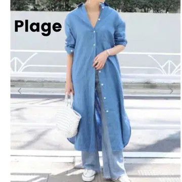 플라주 Plage 린넨 100% 셔츠 원피스 색스 블루 린넨