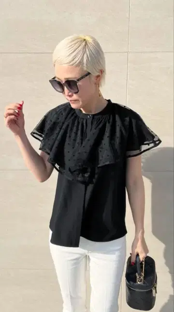 JENNE 도트 튤 케이프 칼라 블라우스 블랙 L