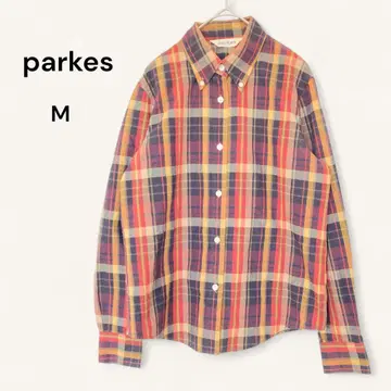 parkes 긴팔 셔츠 버튼 다운 체크 가을 컬러 테라코타 M 일본제