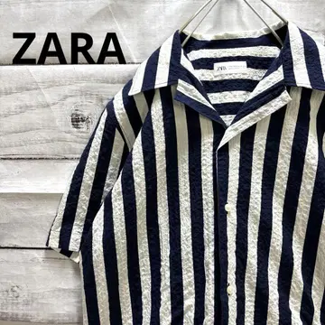 ZARA 시어서커 스트라이프 패턴 오픈 카라 셔츠 반팔 셔츠 인기