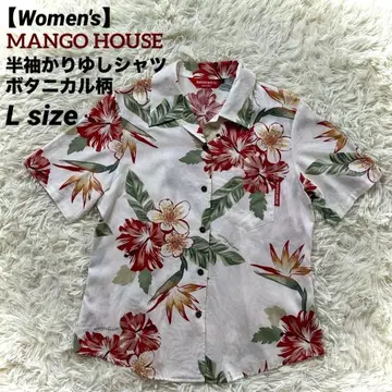 MANGO HOUSE 여성용 반팔 카리유시 셔츠 보태니컬 무늬 화이트 L