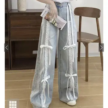 리본 레이스 프릴 와이드 데님 팬츠