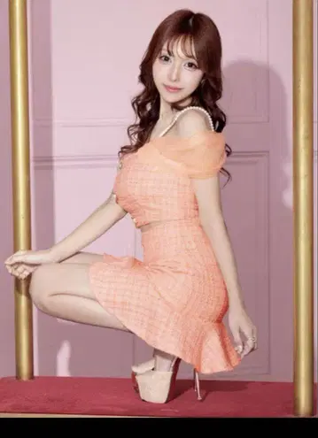 오렌지 오프숄더 미니 스커트 세트
