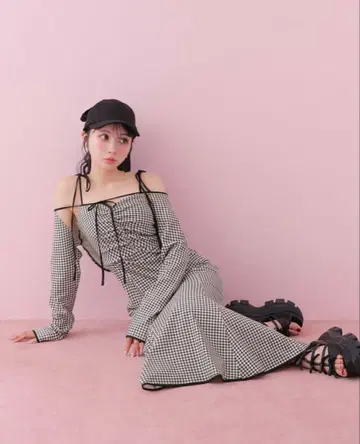 M me eme 깅엄 체크 앙상블 롱 원피스