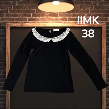 IIMK 여성용 상의 긴팔 티셔츠 롱티 레이스 넥 펄 블랙