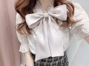 evelyn 초커 리본 레이스 TP 상의 반팔 핑크