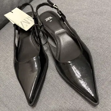 [실내 시착만 한 상품] ZARA 키튼힐 슬링백 슈즈 에나멜 블랙