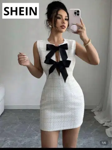 SHEIN 블랙 리본 카파 드레스 화이트 M