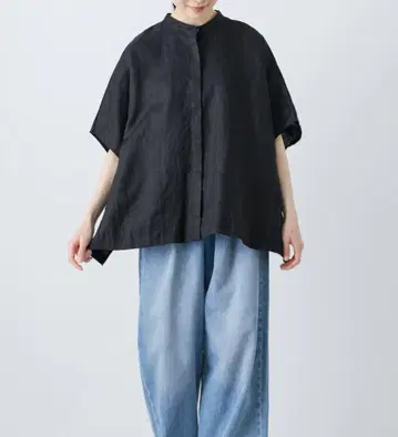 [즉시 배송] 카구레 린넨 스퀘어 케이프 셔츠 블랙