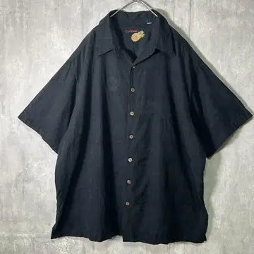 블랙 올 패턴 알로하 셔츠 나무 버튼 매트 블랙