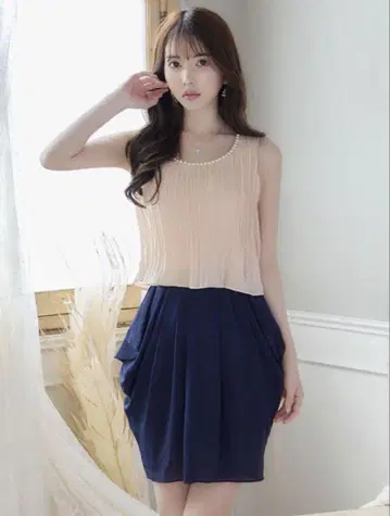 Jewels 쥬얼스 베이지 네이비 쉬폰 드레스 택 포함 미사용 새상품