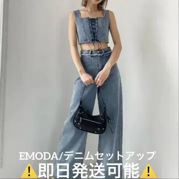 EMODA/데님 셋업 크롭 탑과 와이드 팬츠