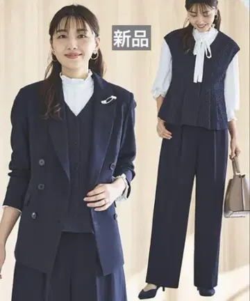 더블 재킷, 플리츠 상의, 팬츠 세트