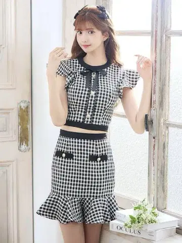 트위드 체크 프릴 소매 셋업 드레스 s