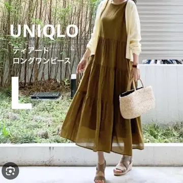 유니클로 티어드 롱 원피스 L 카키 택 포함