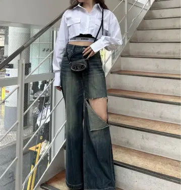 EVRIS 커팅 데미지 와이드 플레어 데님 팬츠