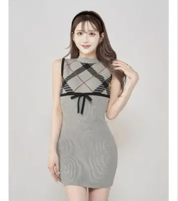 Darich 체크 자카드 니트 미니 원피스