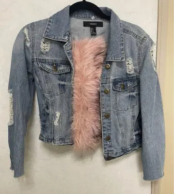 [ Forever21 ] 새상품급 핑크 퍼 데미지 데님 자켓