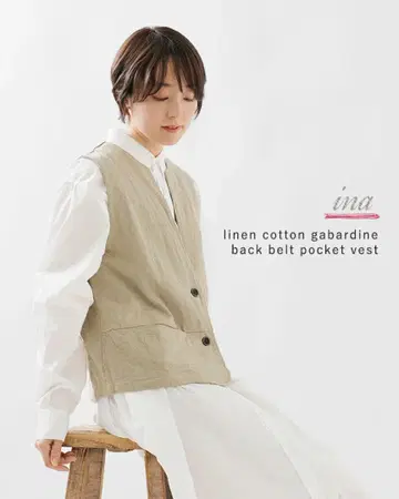 ina(이나) 린넨 코튼 개버딘 뒤 벨트 절개 포켓 베스트