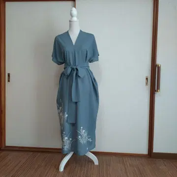 여름 기모노 명주 리메이크 V넥 롱 원피스 리본 포함 핸드메이드