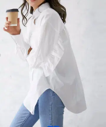 백 프릴 펄 버튼 오버 셔츠 프릴 장식 화이트 셔츠 긴팔