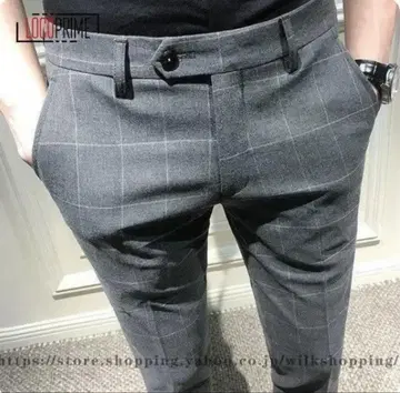 그레이 체크 무늬 슬림핏 슬랙스
