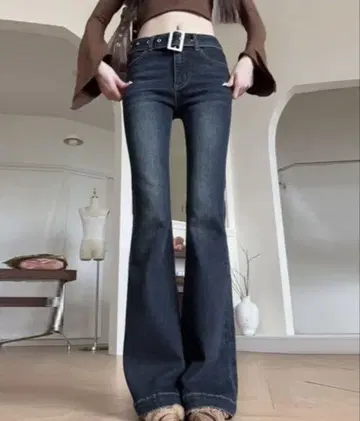 허리 벨트 플레어 데님 팬츠
