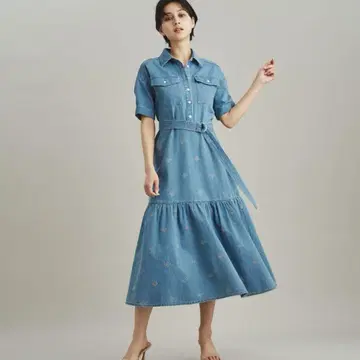 그레이스 콘티넨탈 데님 롱 스커트 티어드 자수 벨트