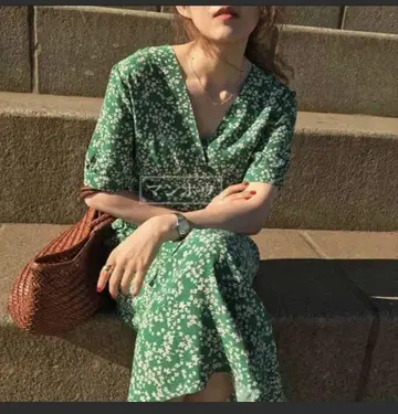 플라워 프린트 V넥 반팔 원피스
