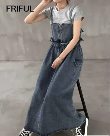 FRIFUL 데님 원피스 오버롤 스커트 롱 원피스 블루