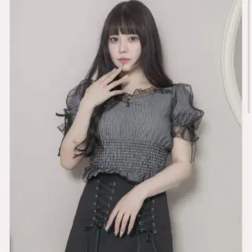 pium 튤 레이어드 깅엄 블라우스