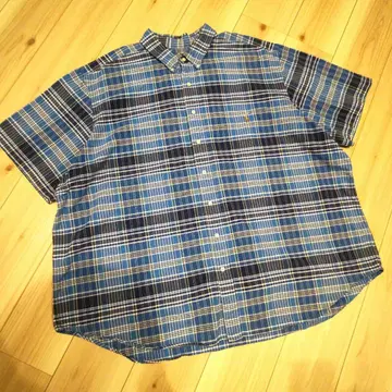 빅 사이즈 Ralph Lauren 체크 자수 반팔 셔츠 3XB 파랑