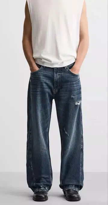 심 디테일 배기 데님 팬츠 38 블루 완판템 ZARA