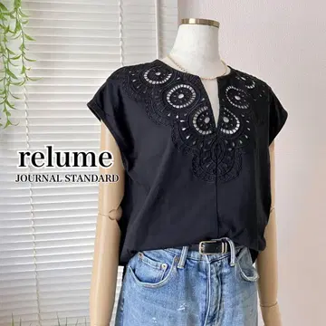 [새상품급] relume 컷워크 레이스 풀오버 블랙 티셔츠