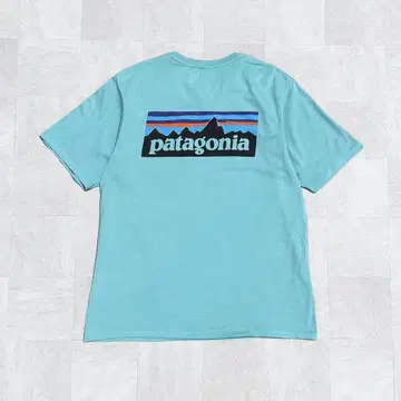 새상품급 Patagonia 파타고니아 터콰이즈 블루 프린트 로고 티셔츠