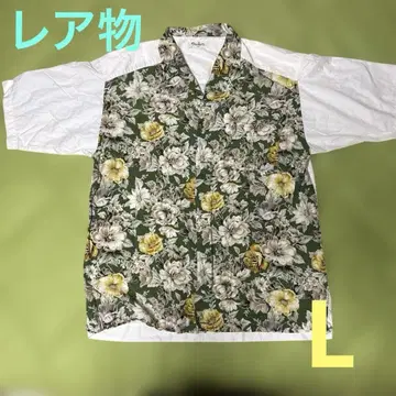 아카이브 오픈 카라 셔츠 그린 컬러 꽃무늬 반팔 80s